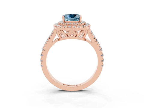 Rose gold Cushion Cut Aquamarine Double Halo Ring with Pavé Band and Prong Setting_15