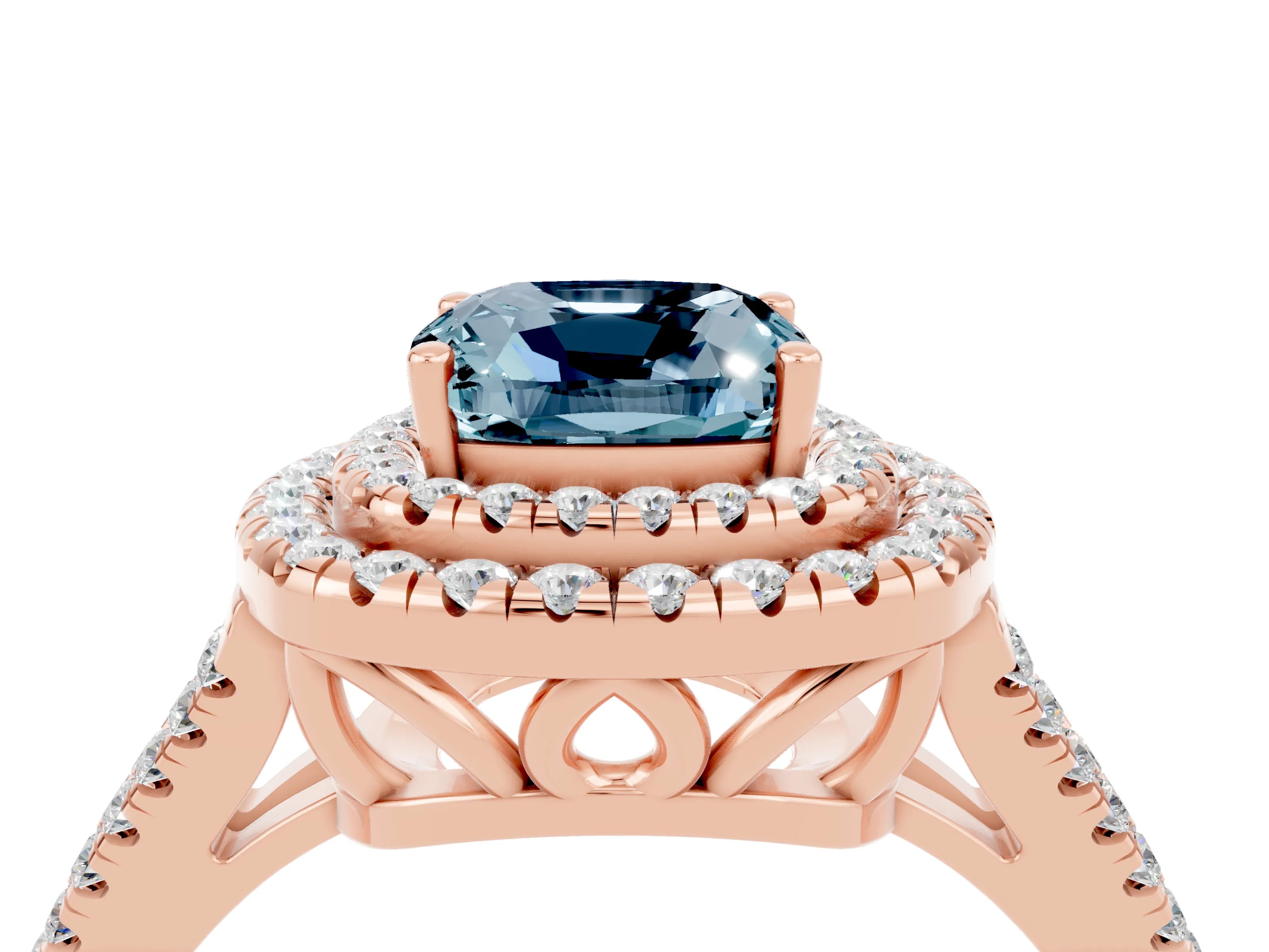 Rose gold Cushion Cut Aquamarine Double Halo Ring with Pavé Band and Prong Setting_16
