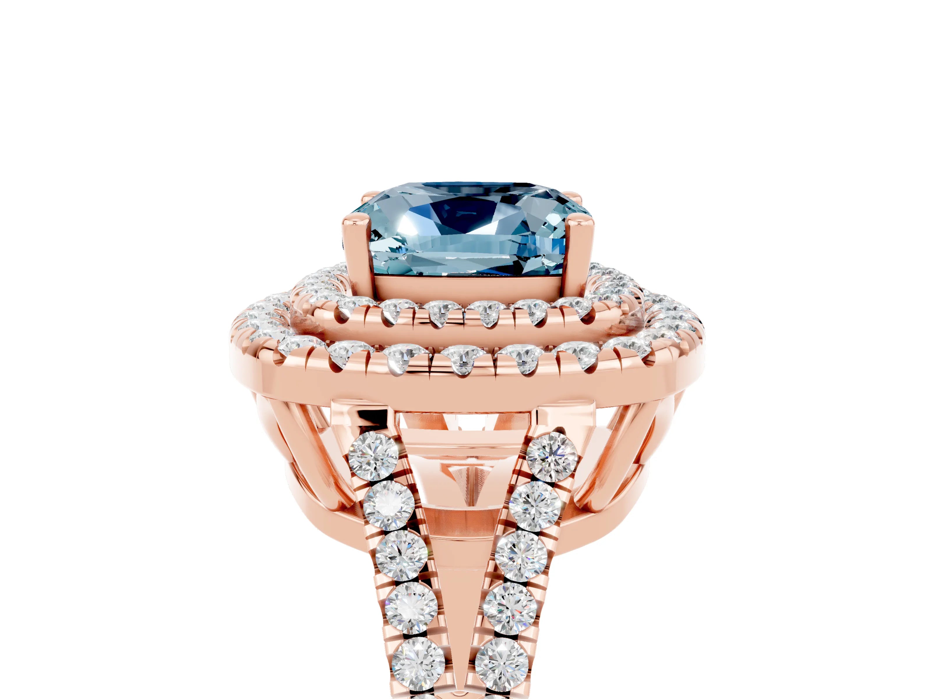 Rose gold Cushion Cut Aquamarine Double Halo Ring with Pavé Band and Prong Setting_17