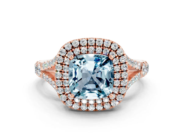 Rose gold Cushion Cut Aquamarine Double Halo Ring with Split Shank and Prong Setting