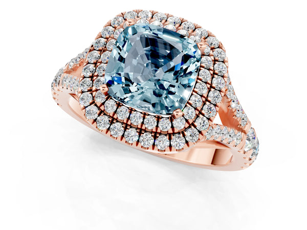 Rose gold Cushion Cut Aquamarine Double Halo Ring with Split Shank and Prong Setting