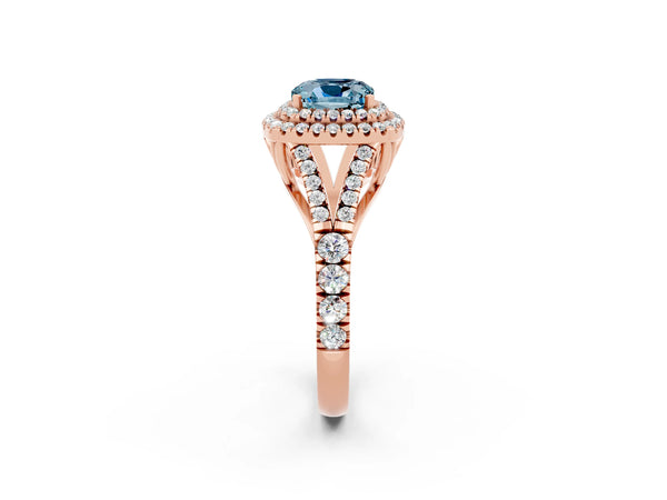Rose gold Cushion Cut Aquamarine Double Halo Ring with Split Shank and Prong Setting