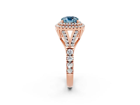 Rose gold Cushion Cut Aquamarine Double Halo Ring with Split Shank and Prong Setting_14