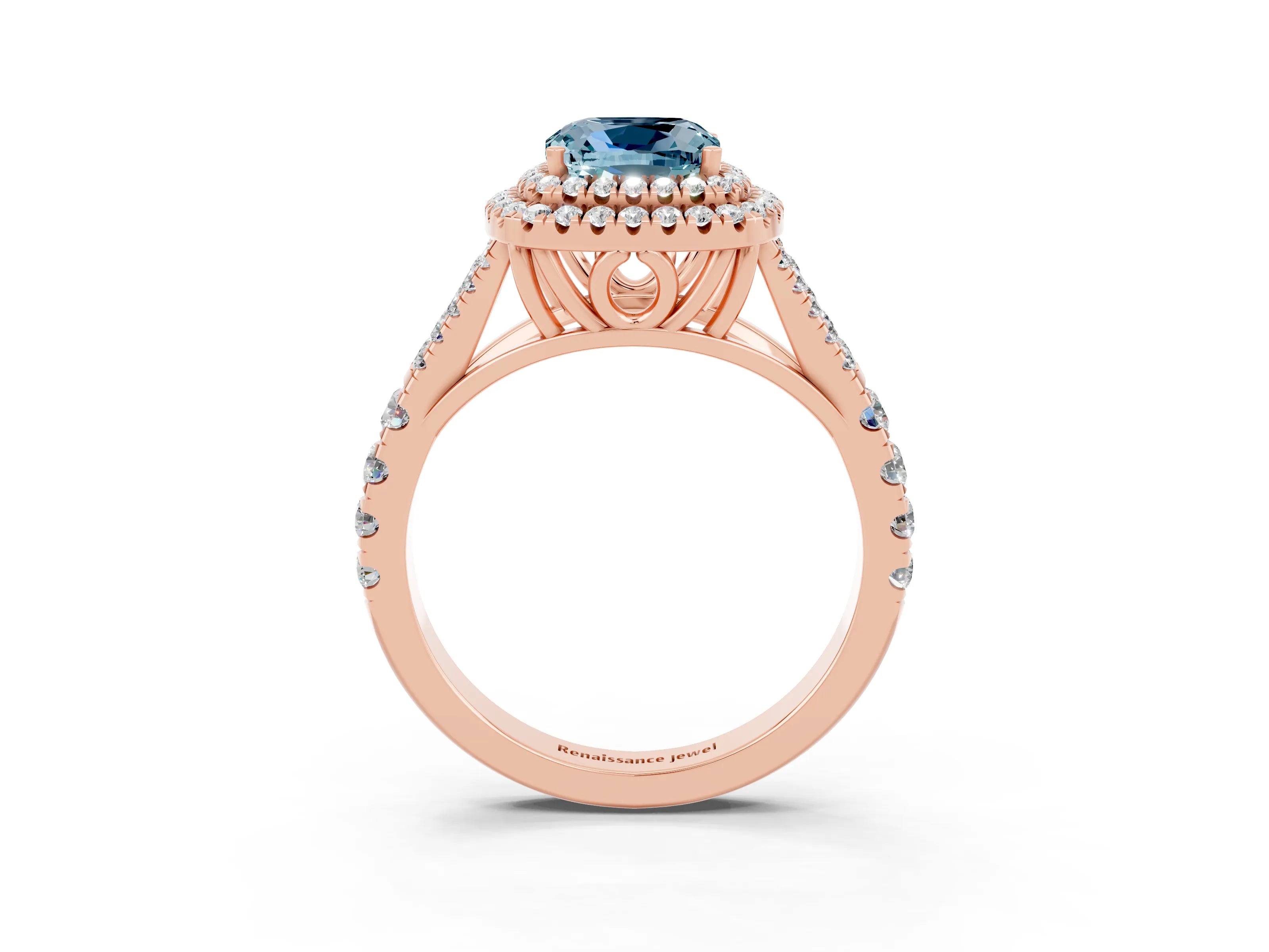 Rose gold Cushion Cut Aquamarine Double Halo Ring with Split Shank and Prong Setting_15