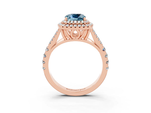 Rose gold Cushion Cut Aquamarine Double Halo Ring with Split Shank and Prong Setting
