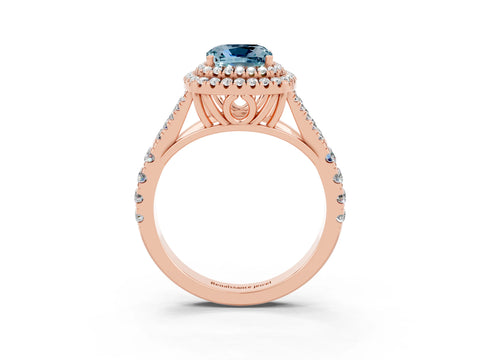 Rose gold Cushion Cut Aquamarine Double Halo Ring with Split Shank and Prong Setting_15