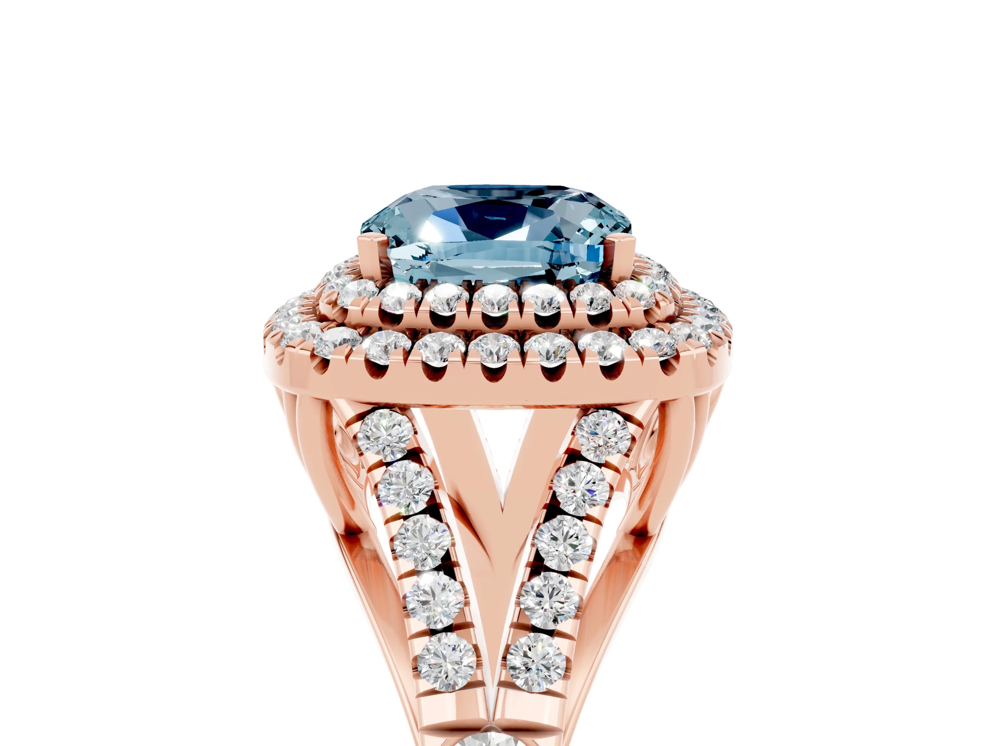 Rose gold Cushion Cut Aquamarine Double Halo Ring with Split Shank and Prong Setting_17