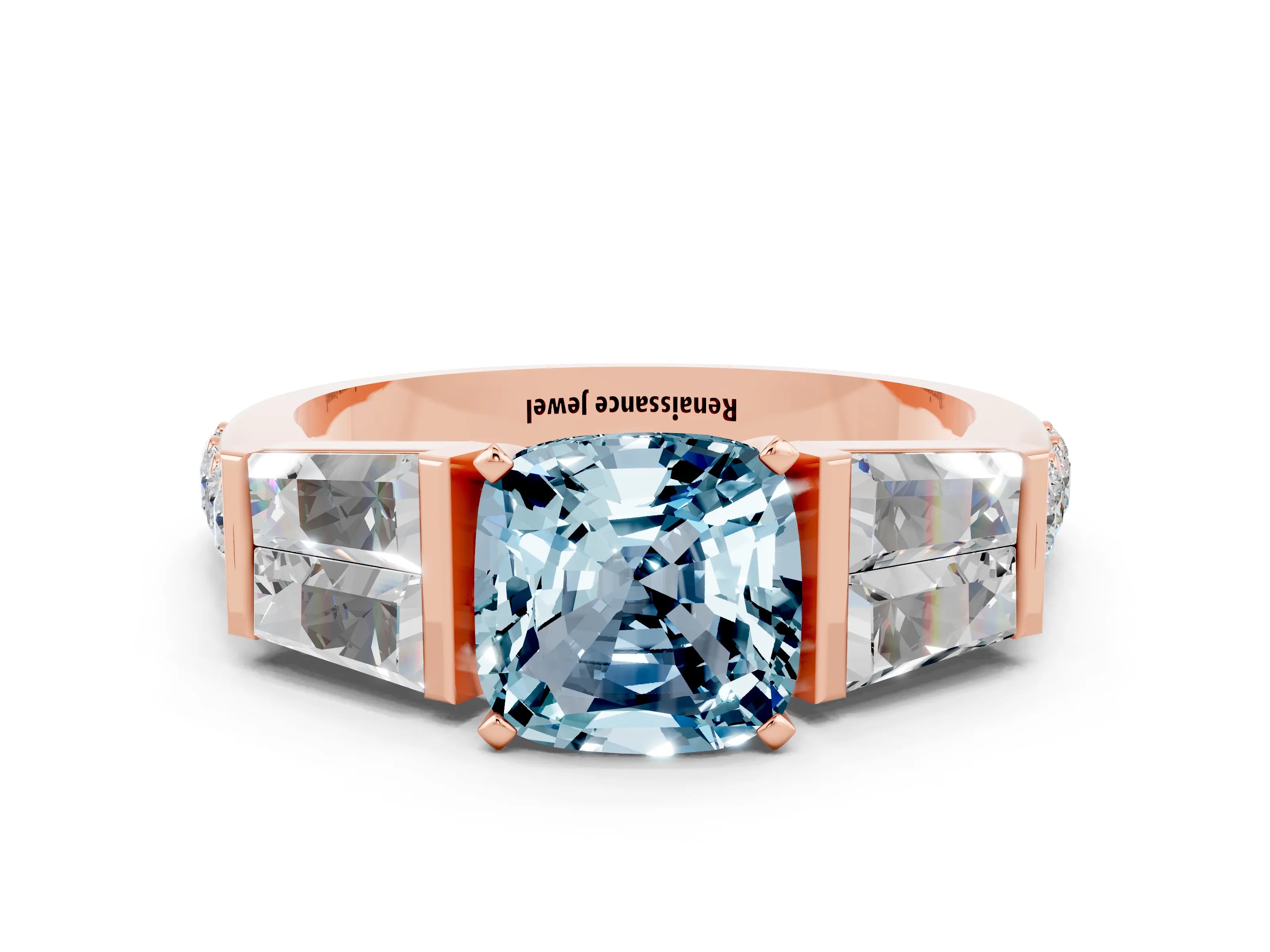 Rose gold Cushion Cut Aquamarine Engagement Ring with Baguette Side Stones and Channel Set Band