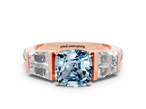 Rose gold Cushion Cut Aquamarine Engagement Ring with Baguette Side Stones and Channel Set Band