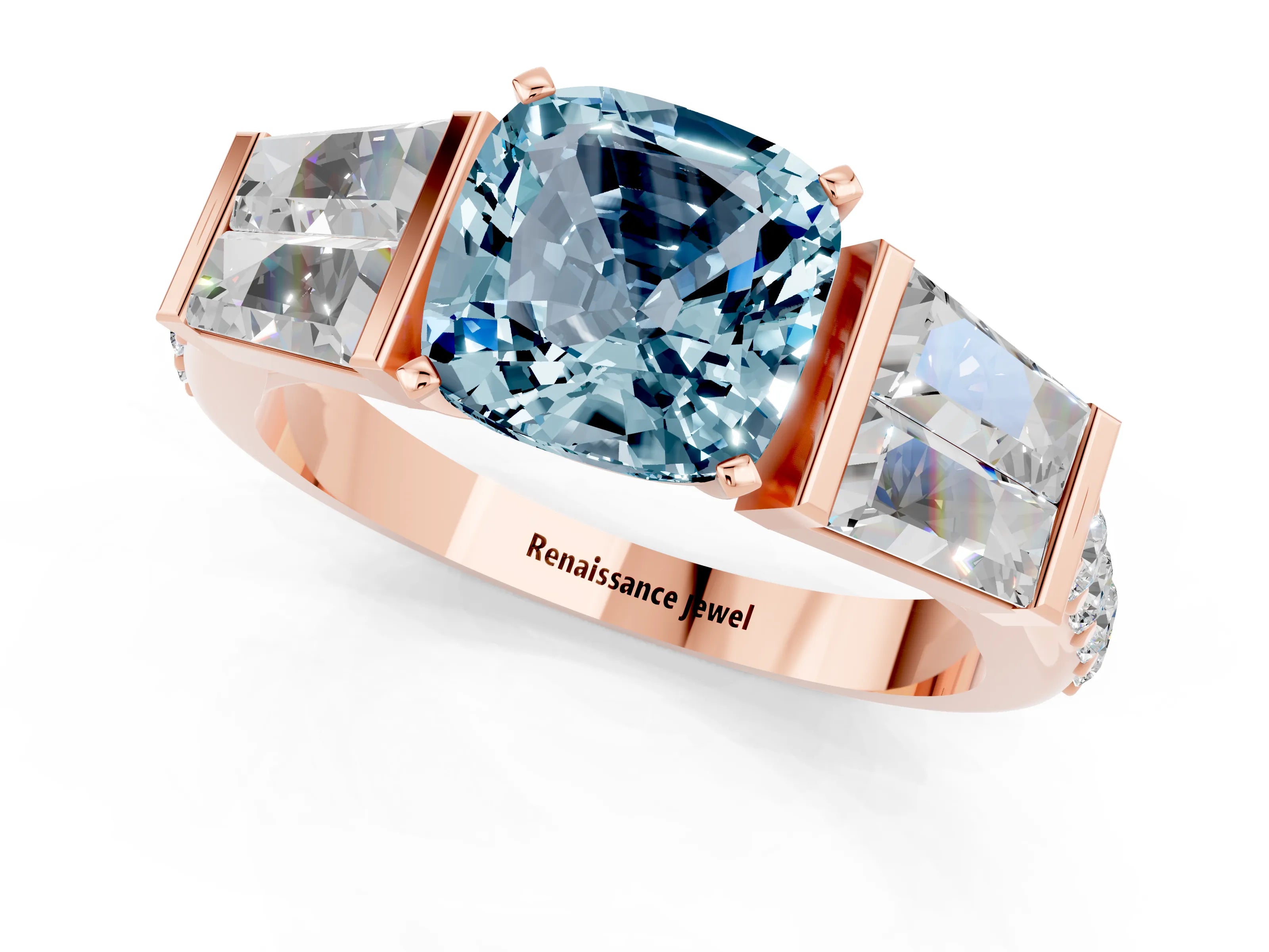 Rose gold Cushion Cut Aquamarine Engagement Ring with Baguette Side Stones and Channel Set Band_1