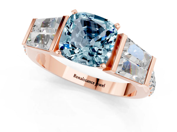 Rose gold Cushion Cut Aquamarine Engagement Ring with Baguette Side Stones and Channel Set Band