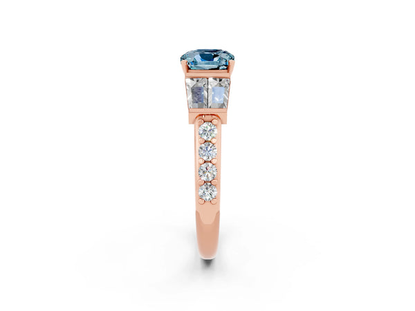 Rose gold Cushion Cut Aquamarine Engagement Ring with Baguette Side Stones and Channel Set Band