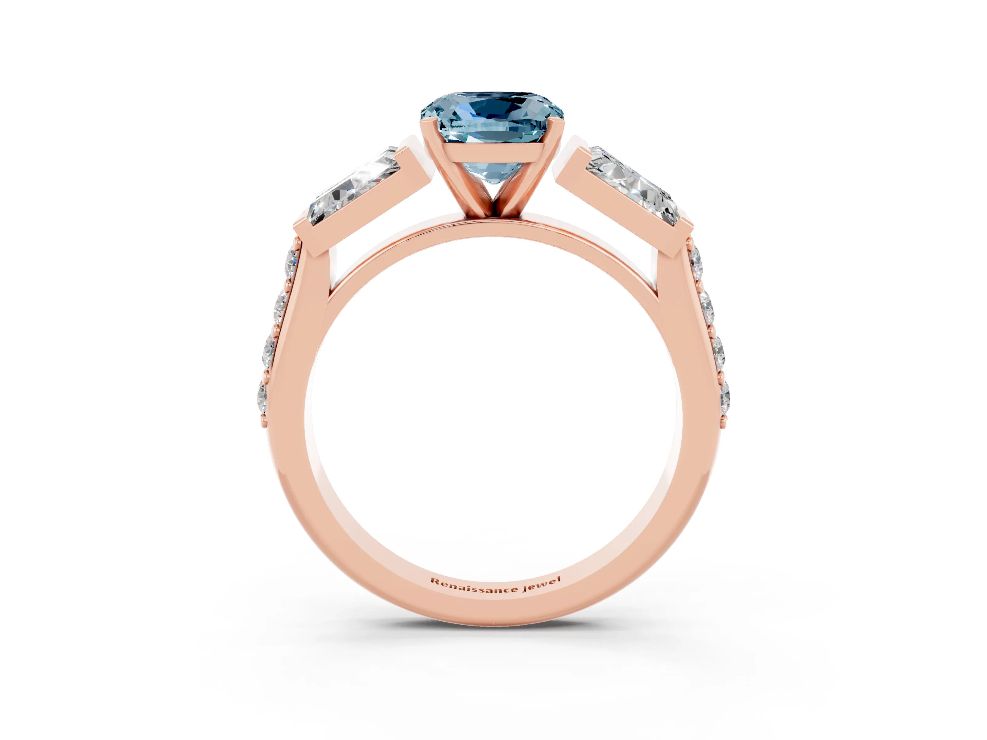 Rose gold Cushion Cut Aquamarine Engagement Ring with Baguette Side Stones and Channel Set Band_3
