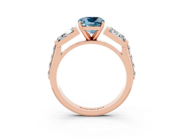 Rose gold Cushion Cut Aquamarine Engagement Ring with Baguette Side Stones and Channel Set Band