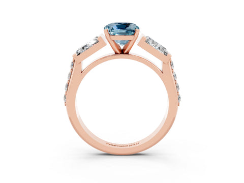 Rose gold Cushion Cut Aquamarine Engagement Ring with Baguette Side Stones and Channel Set Band_3