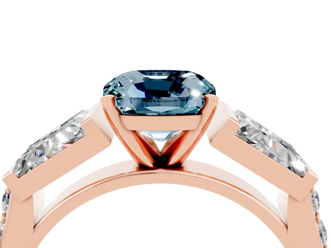 Rose gold Cushion Cut Aquamarine Engagement Ring with Baguette Side Stones and Channel Set Band_4
