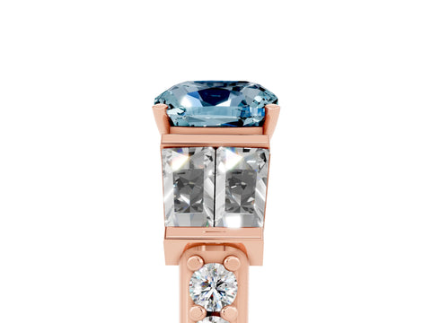 Rose gold Cushion Cut Aquamarine Engagement Ring with Baguette Side Stones and Channel Set Band_5