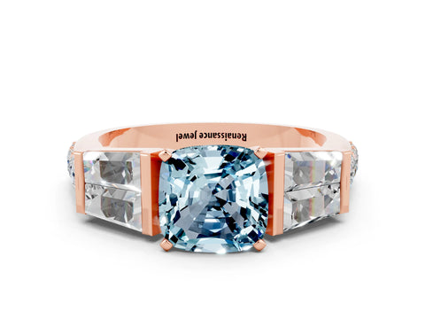 Rose gold Cushion Cut Aquamarine Engagement Ring with Baguette Side Stones and Channel Set Band