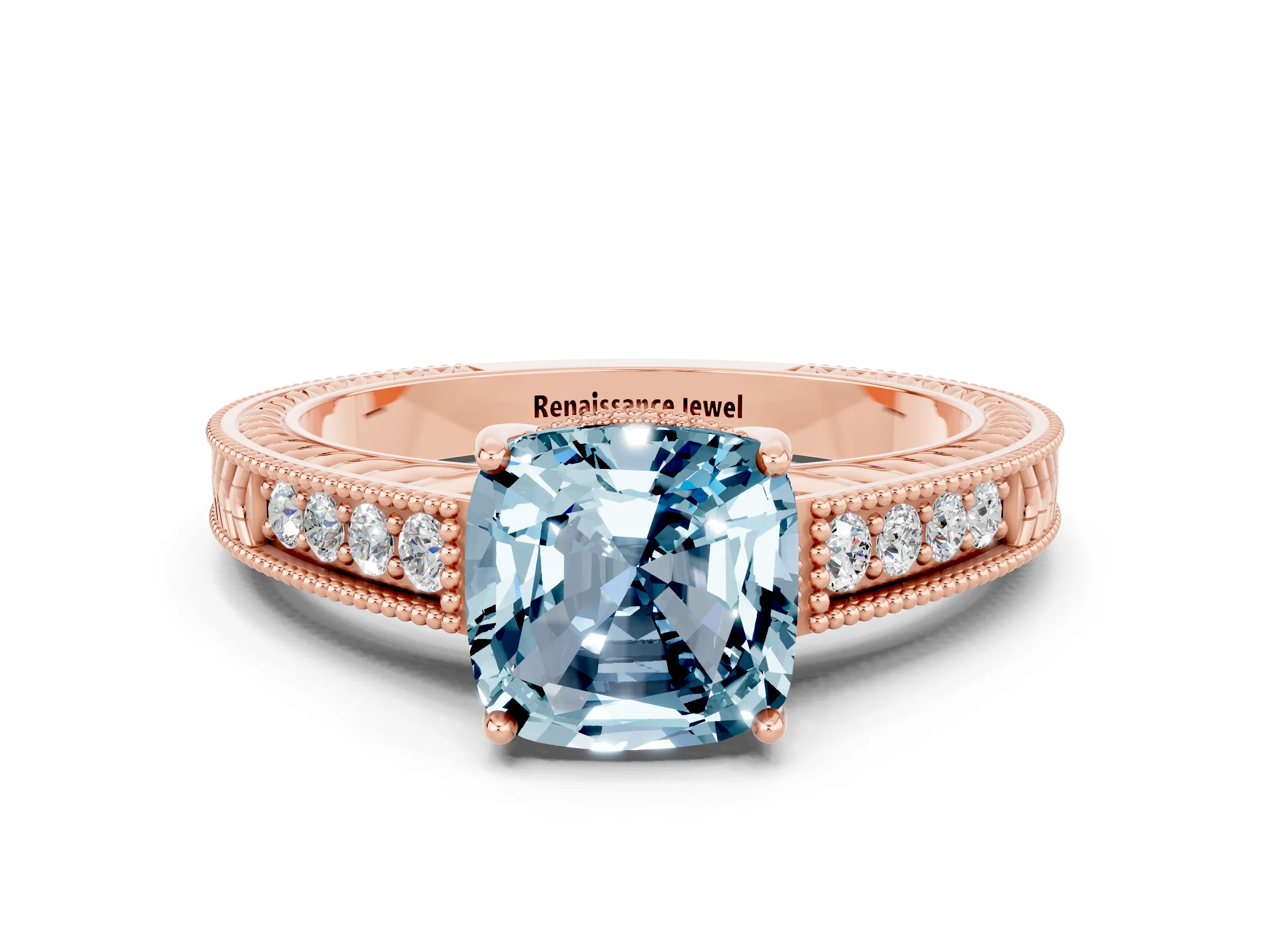 Rose gold Cushion Cut Aquamarine Engagement Ring with Milgrain Channel Set Band and Prong Setting