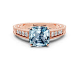 Rose gold Cushion Cut Aquamarine Engagement Ring with Milgrain Channel Set Band and Prong Setting