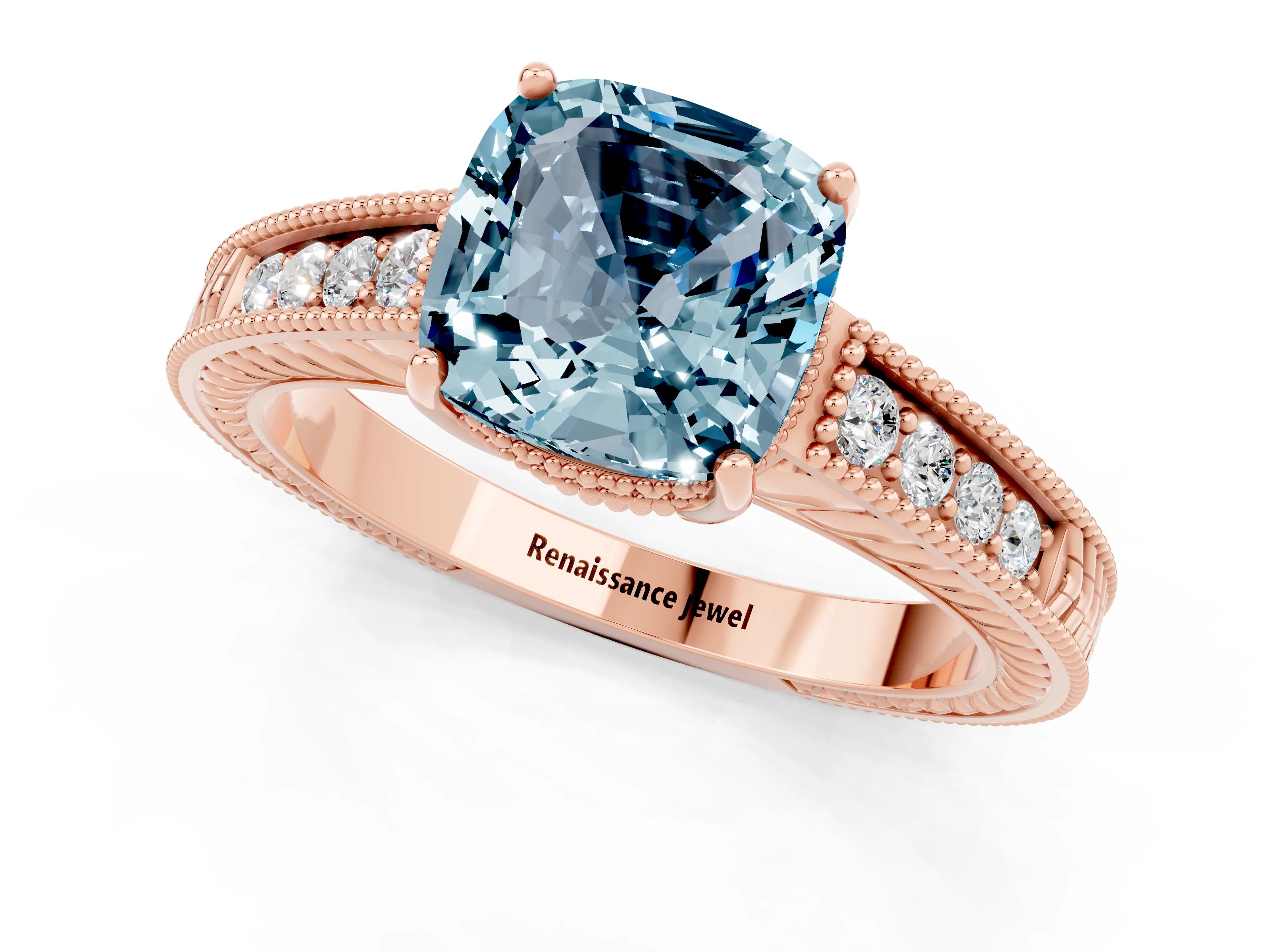 Rose gold Cushion Cut Aquamarine Engagement Ring with Milgrain Channel Set Band and Prong Setting_1