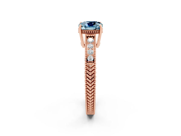 Rose gold Cushion Cut Aquamarine Engagement Ring with Milgrain Channel Set Band and Prong Setting