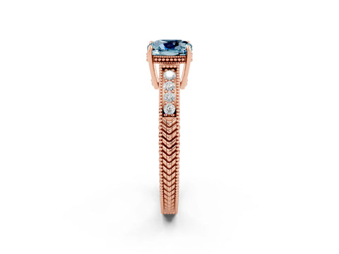 Rose gold Cushion Cut Aquamarine Engagement Ring with Milgrain Channel Set Band and Prong Setting_2