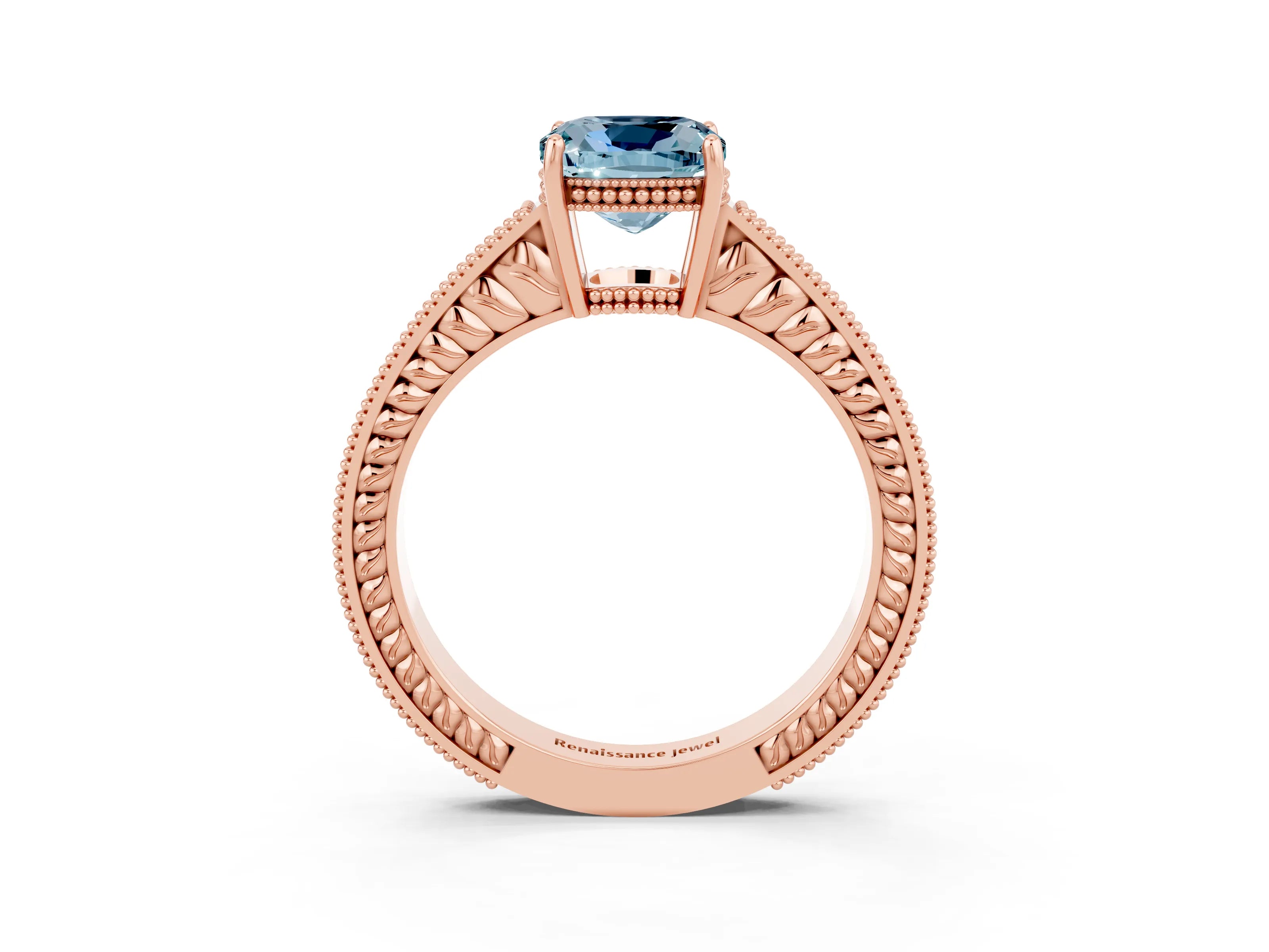 Rose gold Cushion Cut Aquamarine Engagement Ring with Milgrain Channel Set Band and Prong Setting_3