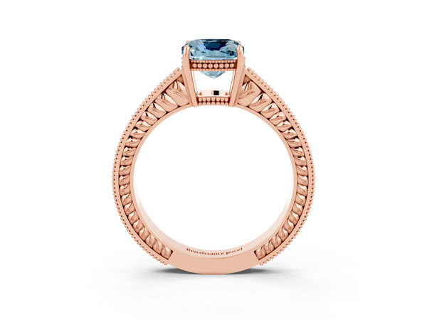 Rose gold Cushion Cut Aquamarine Engagement Ring with Milgrain Channel Set Band and Prong Setting