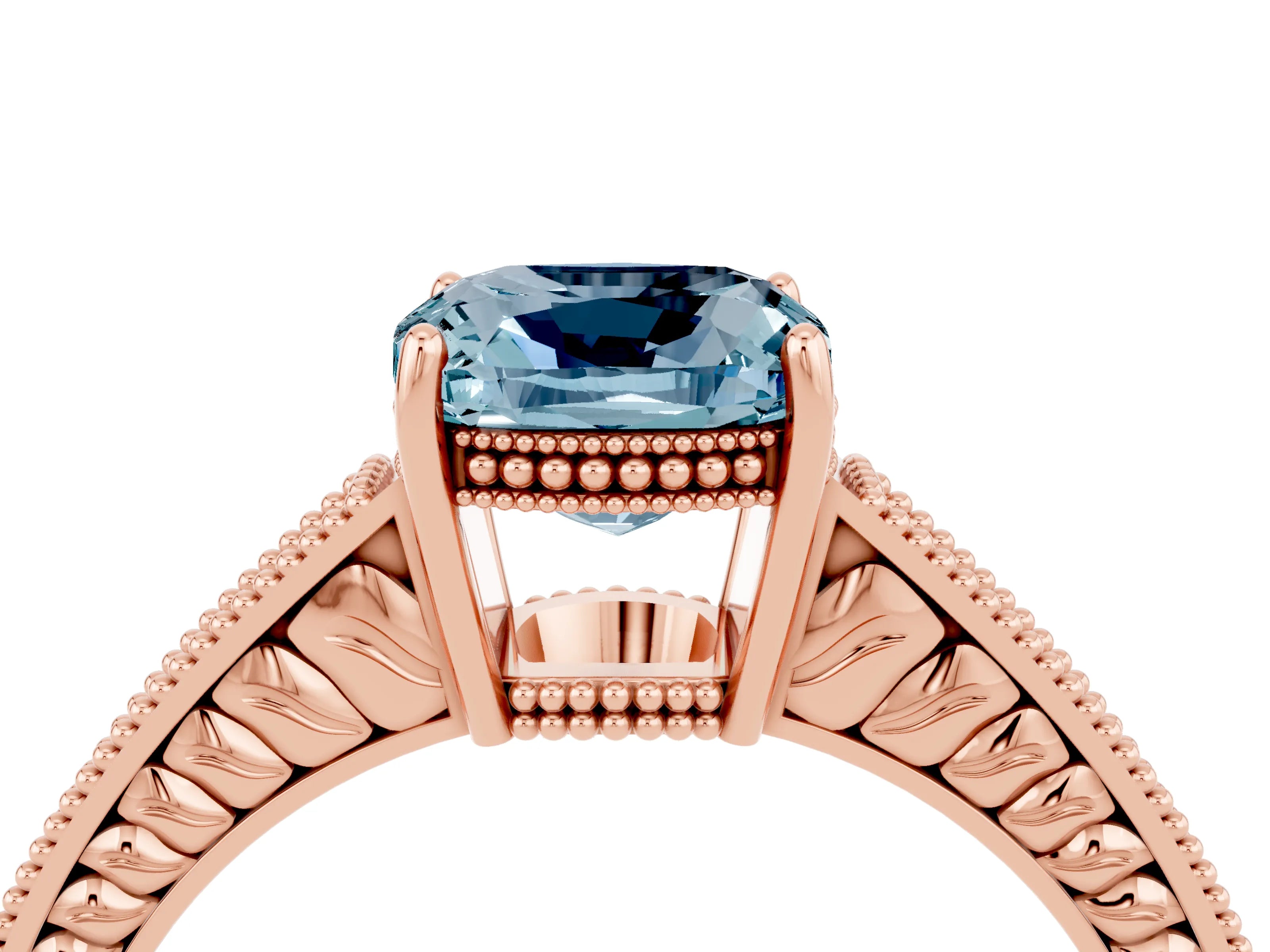 Rose gold Cushion Cut Aquamarine Engagement Ring with Milgrain Channel Set Band and Prong Setting_4
