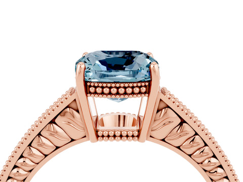 Rose gold Cushion Cut Aquamarine Engagement Ring with Milgrain Channel Set Band and Prong Setting_4