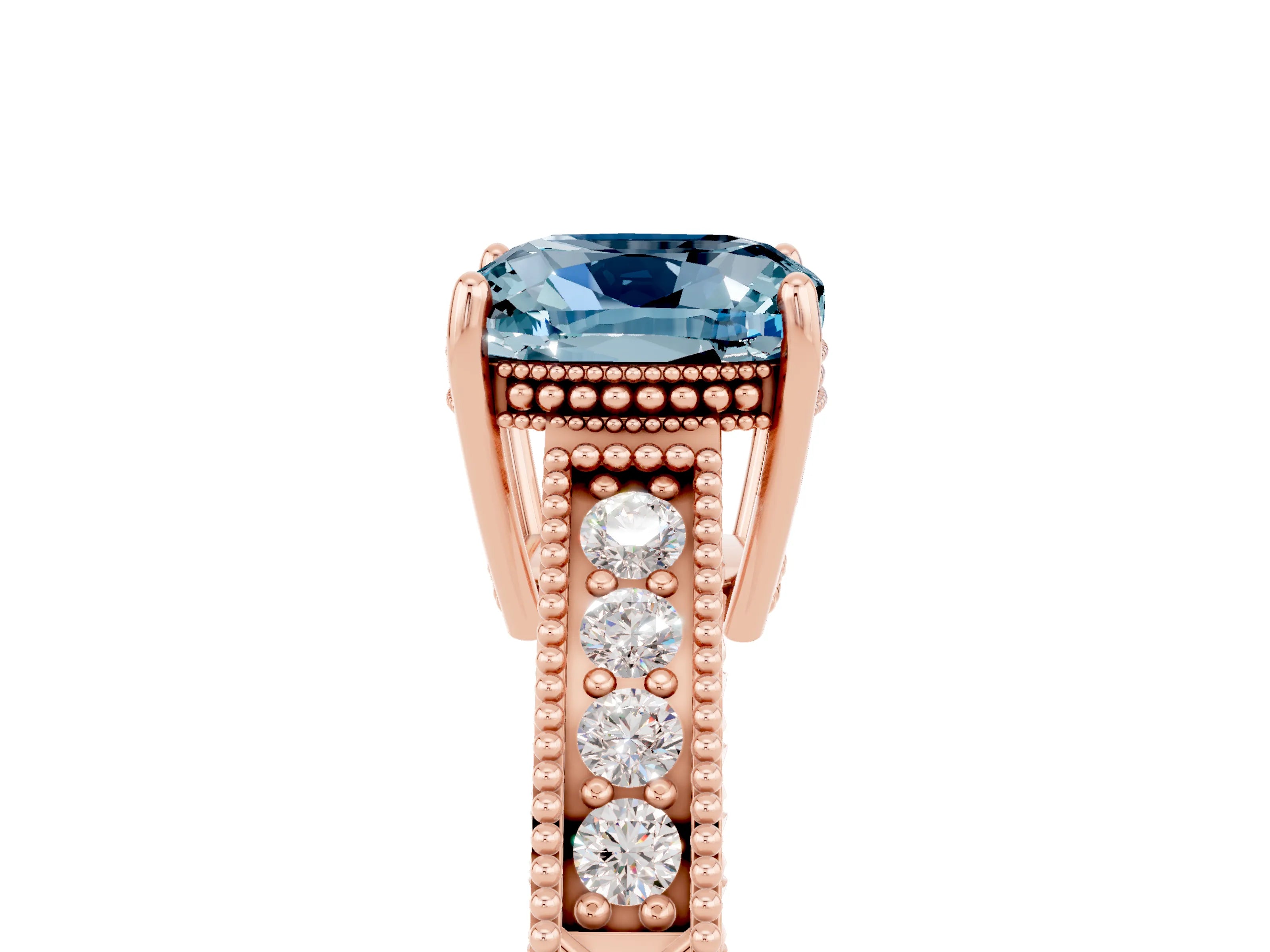 Rose gold Cushion Cut Aquamarine Engagement Ring with Milgrain Channel Set Band and Prong Setting_5