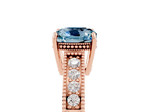 Rose gold Cushion Cut Aquamarine Engagement Ring with Milgrain Channel Set Band and Prong Setting_5