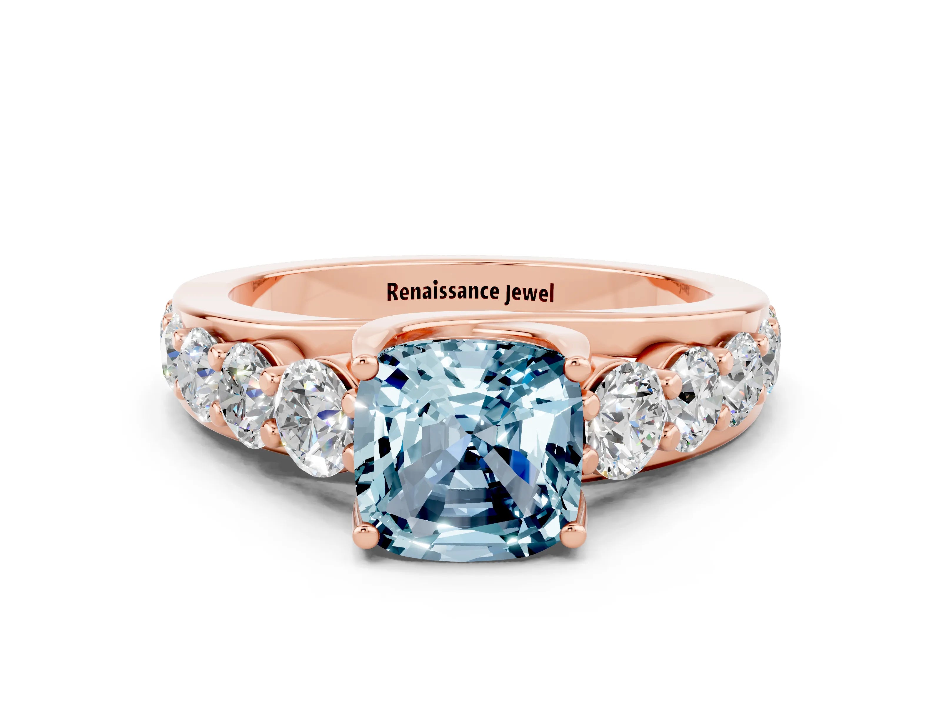 Rose gold Cushion Cut Aquamarine Engagement Ring with Pavé Band and Four-Prong Setting