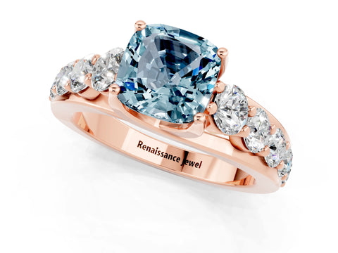 Rose gold Cushion Cut Aquamarine Engagement Ring with Pavé Band and Four-Prong Setting_1