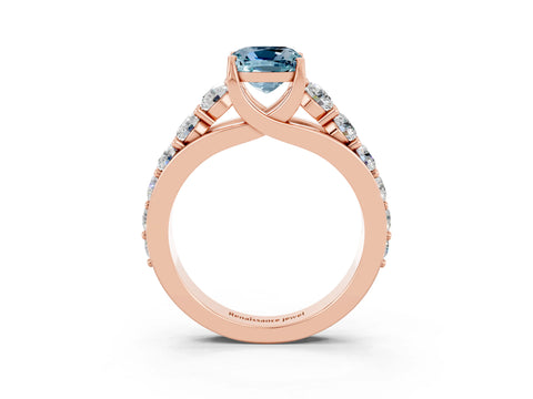 Rose gold Cushion Cut Aquamarine Engagement Ring with Pavé Band and Four-Prong Setting_3