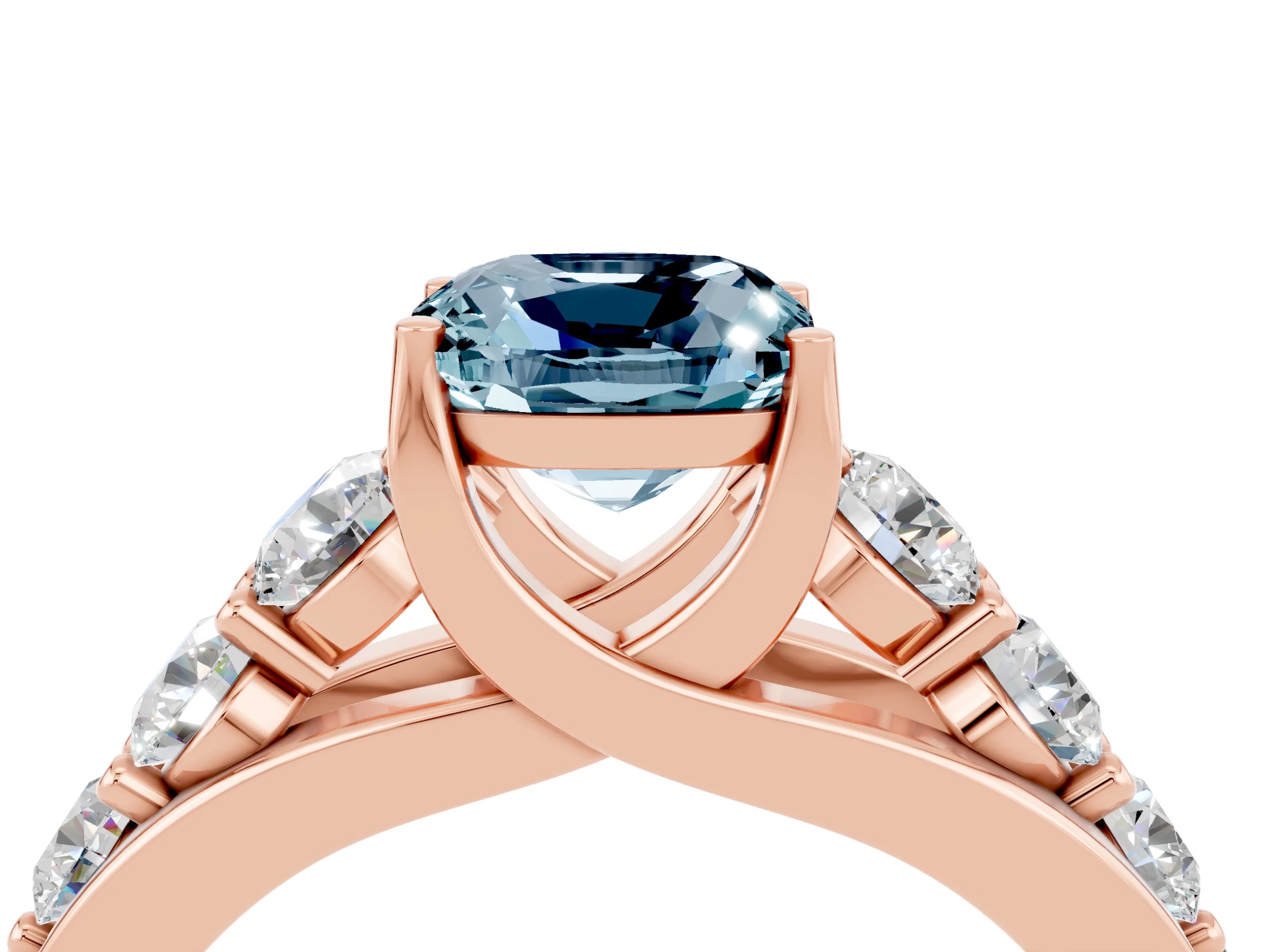 Rose gold Cushion Cut Aquamarine Engagement Ring with Pavé Band and Four-Prong Setting_4