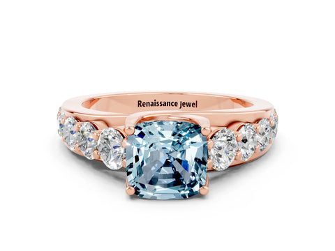 Rose gold Cushion Cut Aquamarine Engagement Ring with Pavé Band and Four-Prong Setting