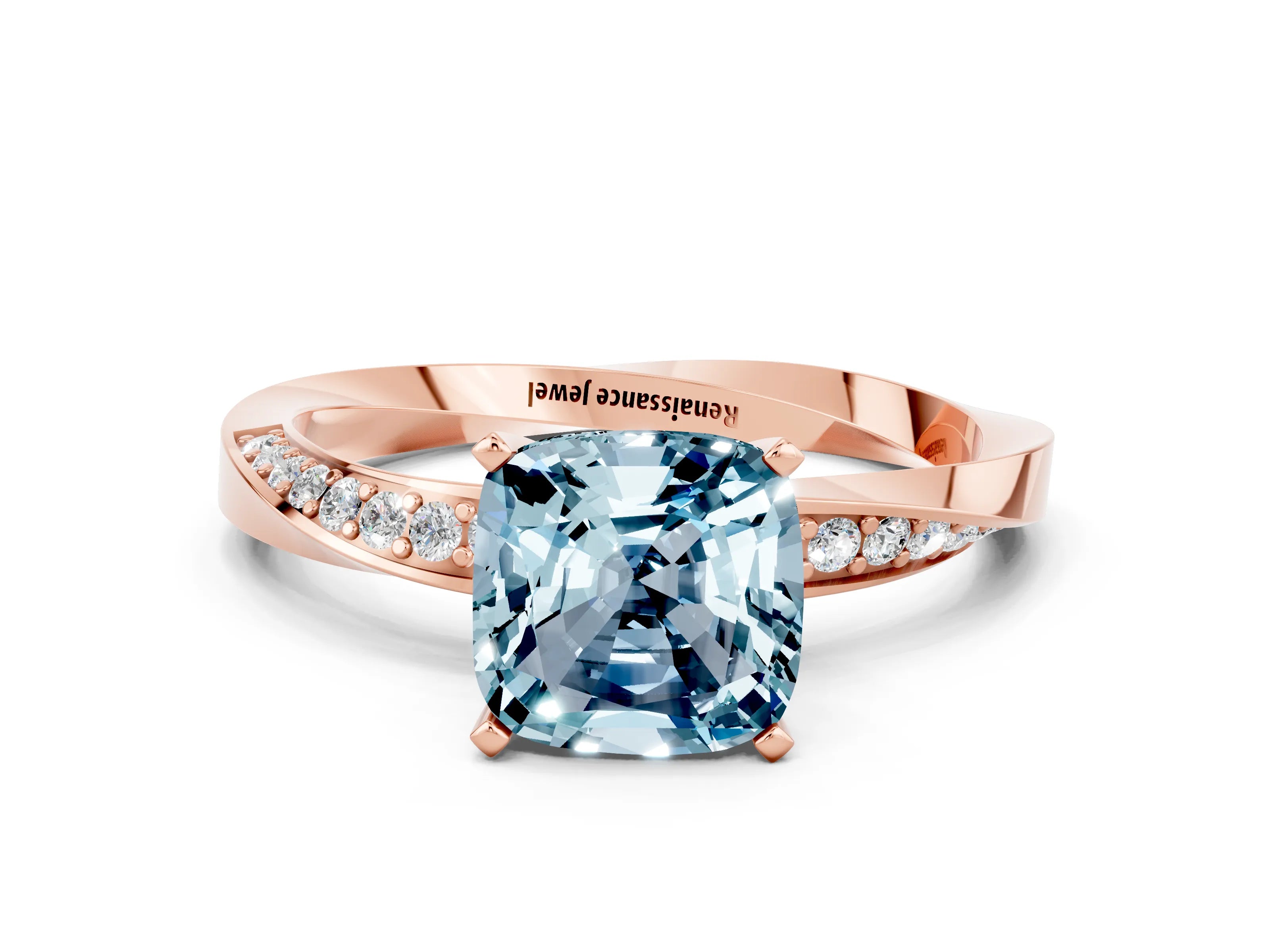 Rose gold Cushion Cut Aquamarine Engagement Ring with Side Stone Accents and Four-Prong Setting_27