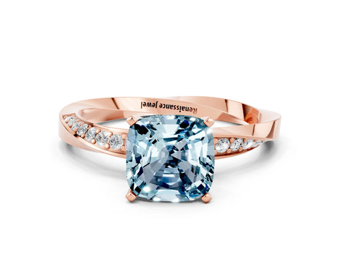 Rose gold Cushion Cut Aquamarine Engagement Ring with Side Stone Accents and Four-Prong Setting_27