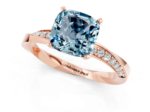 Rose gold Cushion Cut Aquamarine Engagement Ring with Side Stone Accents and Four-Prong Setting_28