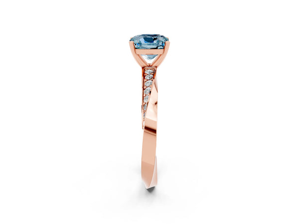 Rose gold Cushion Cut Aquamarine Engagement Ring with Side Stone Accents and Four-Prong Setting