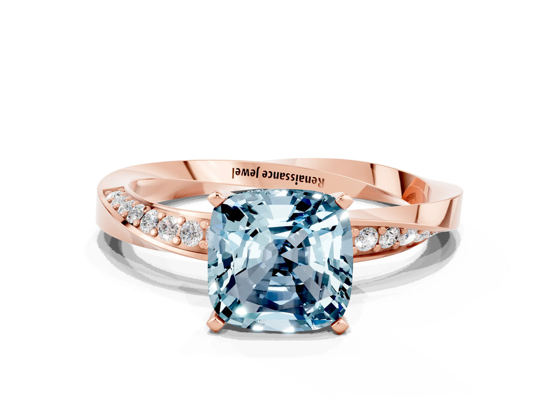 Rose gold Cushion Cut Aquamarine Engagement Ring with Side Stone Accents and Four-Prong Setting_84
