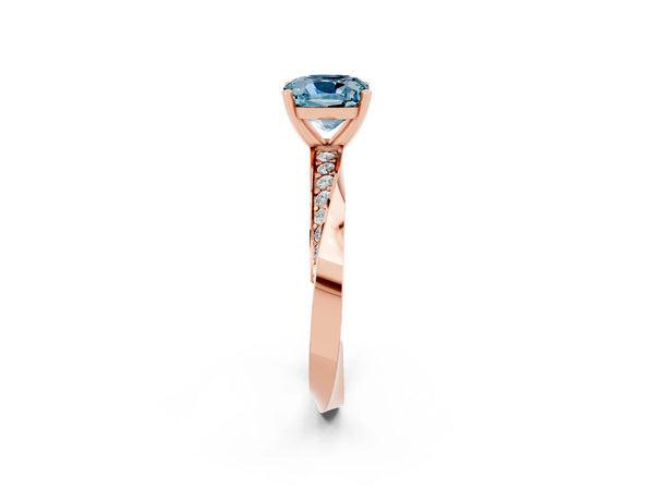 Rose gold Cushion Cut Aquamarine Engagement Ring with Side Stone Accents and Four-Prong Setting