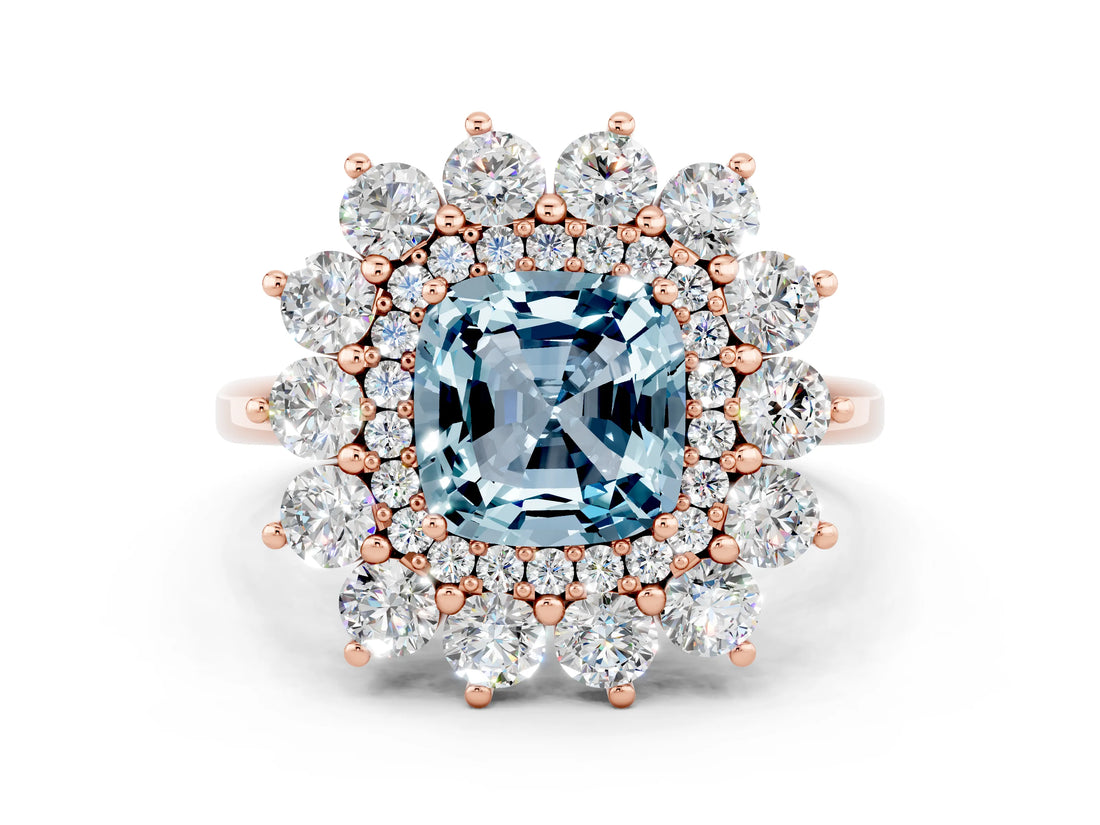 Rose gold Cushion Cut Aquamarine Floral Double Halo Engagement Ring with Prong Setting_60