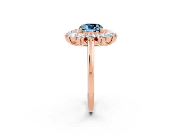 Rose Gold Cushion Cut Aquamarine Floral Double Halo Engagement Ring with Plain Band