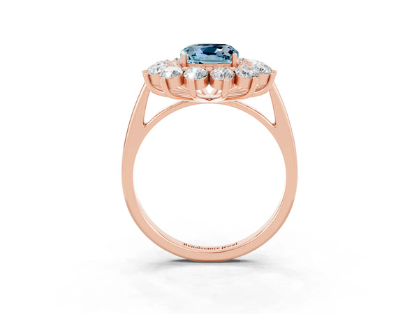 Rose Gold Cushion Cut Aquamarine Floral Double Halo Engagement Ring with Plain Band