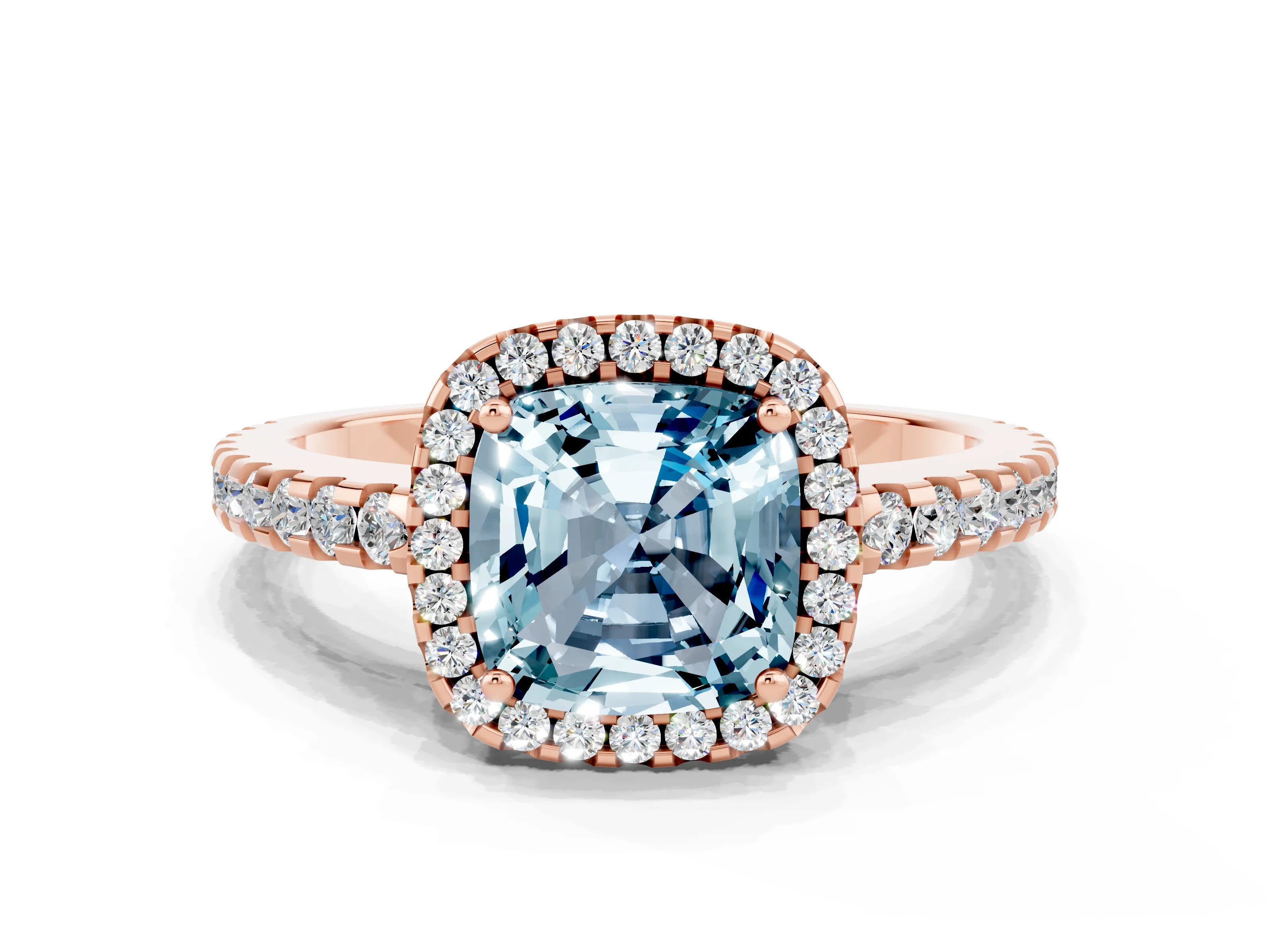 Rose gold Cushion Cut Aquamarine Halo Engagement Ring with Pavé Band and Prong Setting_12