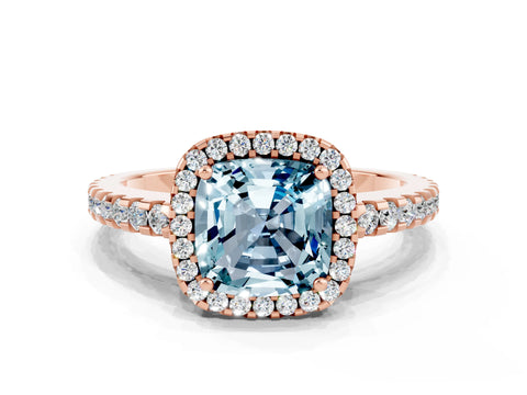 Rose gold Cushion Cut Aquamarine Halo Engagement Ring with Pavé Band and Prong Setting_12