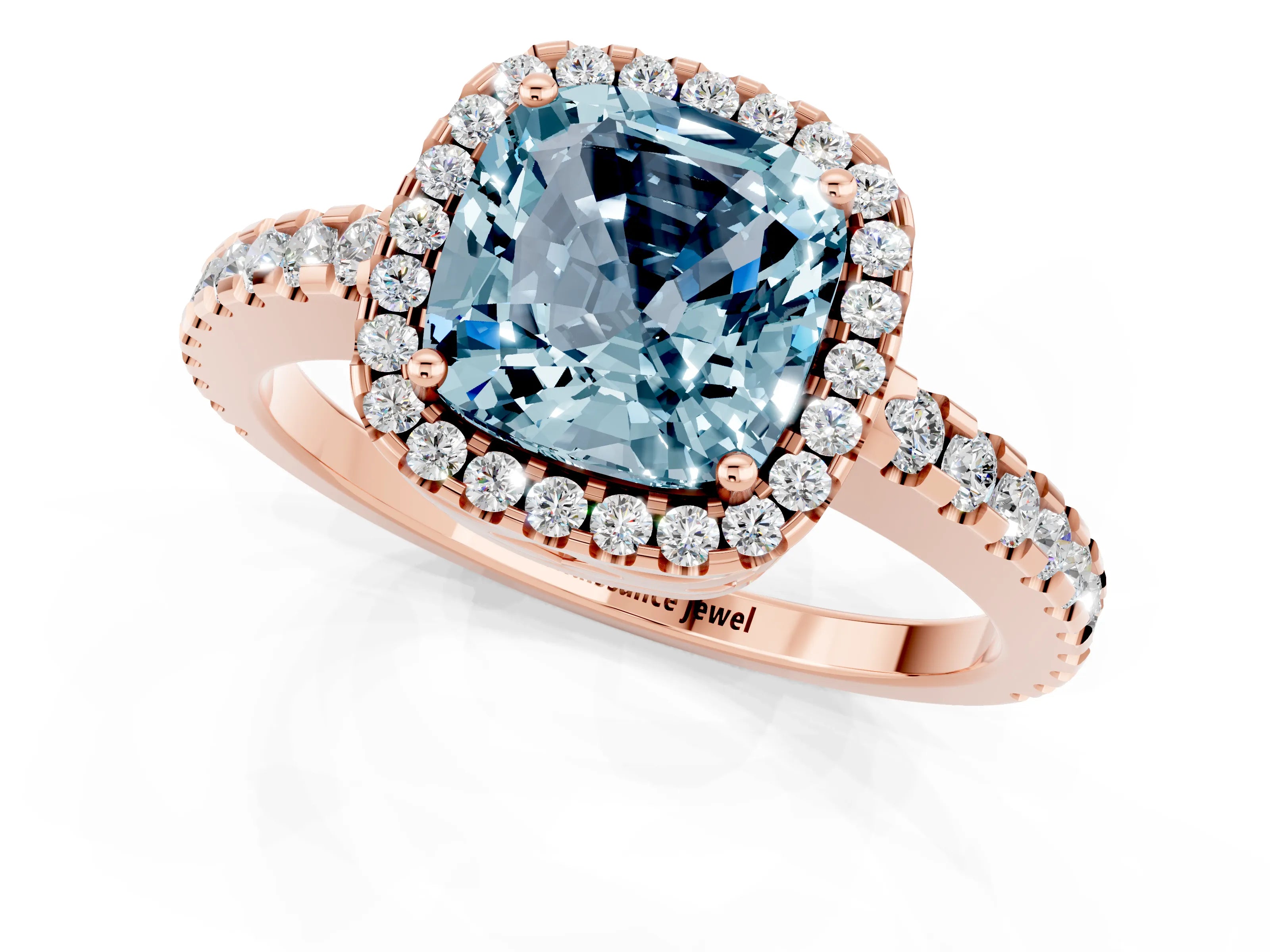 Rose gold Cushion Cut Aquamarine Halo Engagement Ring with Pavé Band and Prong Setting_13
